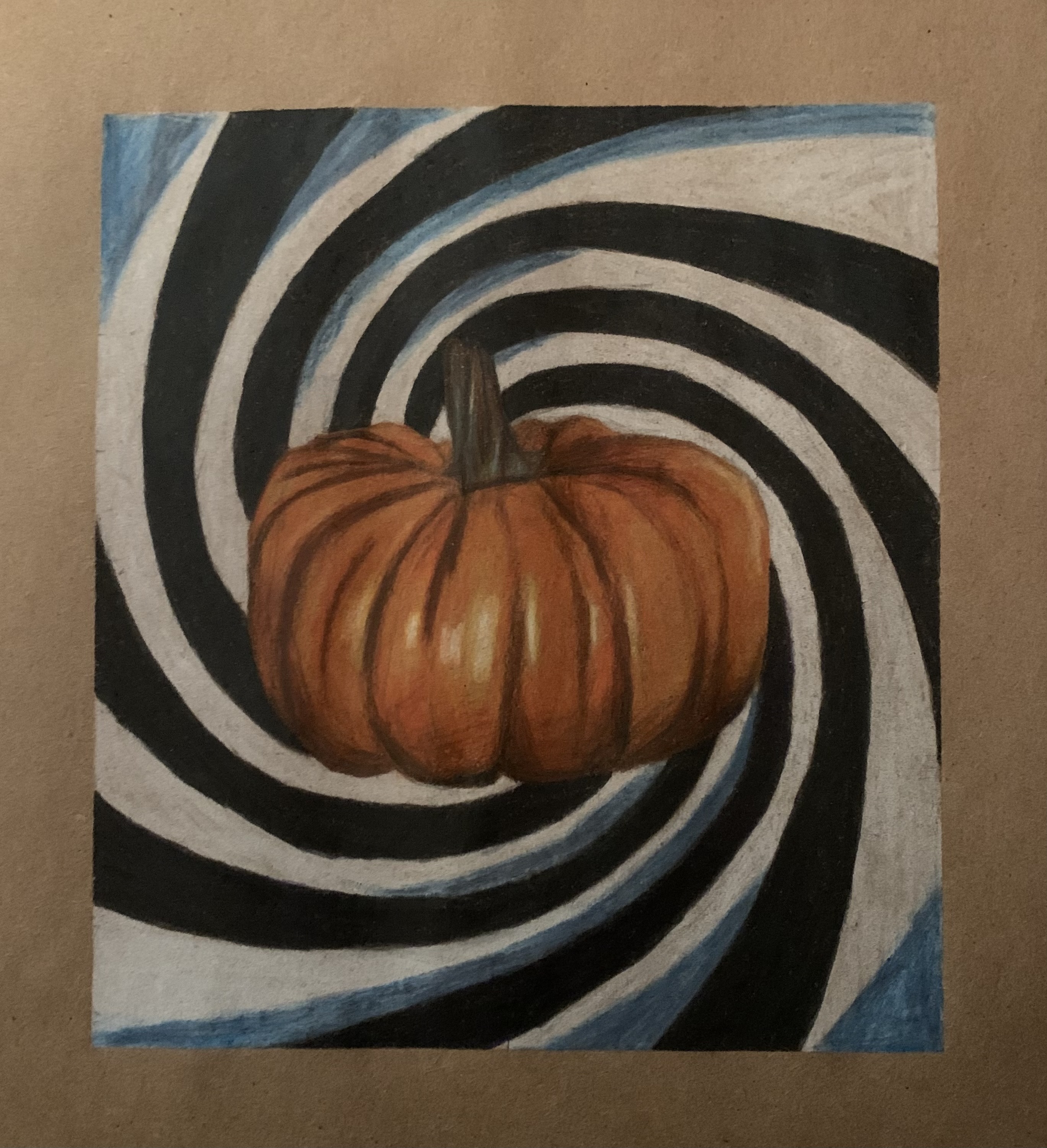Pumpkin with black and white swirling stripes behind