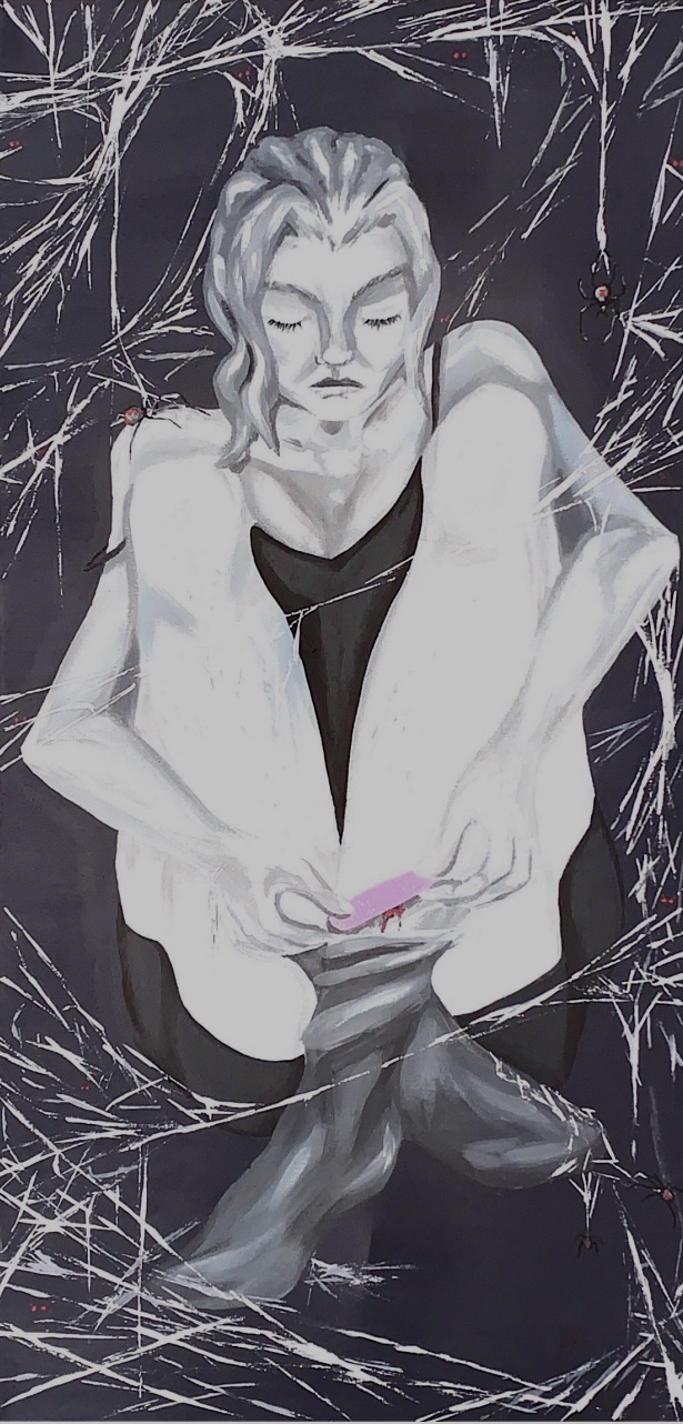 Girl trapped in a spider web applying a bandage