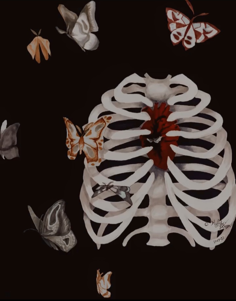A ribcage surrounded by butterflies